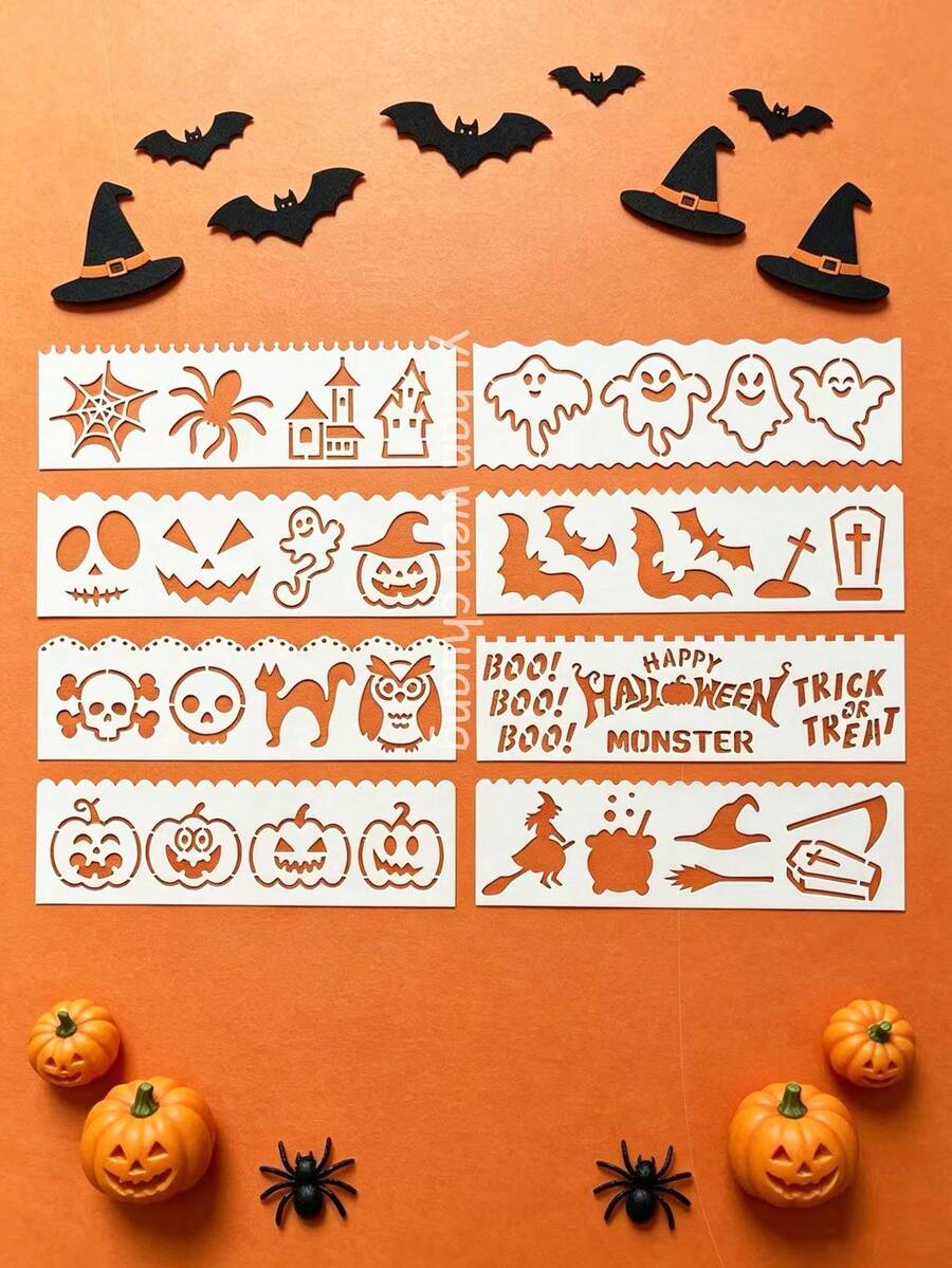 8pcs Halloween Hollow Ruler Stencils DIY For Party Holiday Decoration, Scrapbooking, Greeting Cards, Gift Boxes, Creative Painting, Ceramic, Glass, Window Spray Painting Printing Tools, Reusable - Halloween Ruler - View 1