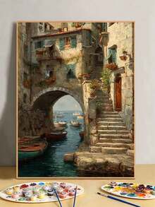 DIY Mediterranean Coastal Village Boat Landscape Digital Oil Painting Set (Unframed 8x12 / 16x20 Inches) Acrylic Paint, Suitable For Adult Beginners, Home Wall Decor, Unique Holiday Gift - Sets - View 1