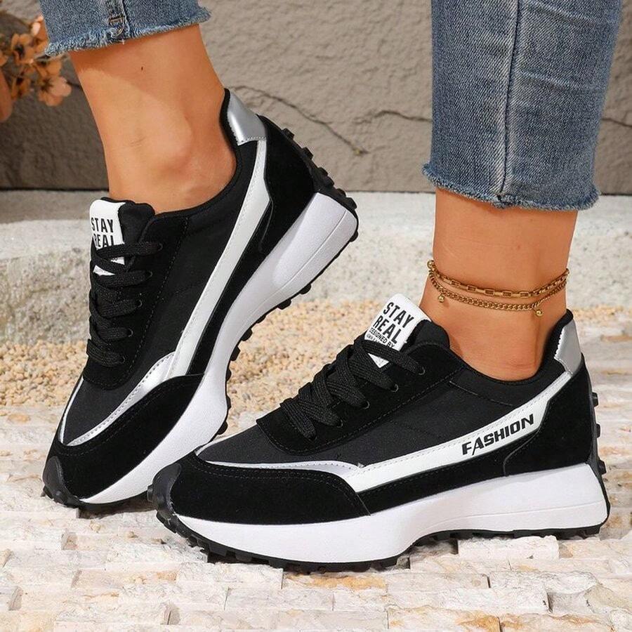 Women's Thick Sole Sports Shoes, Contrast Color Design, Lightweight Lace-Up Casual Running Shoes, Suitable For Daily Wear. - Khaki - View 1