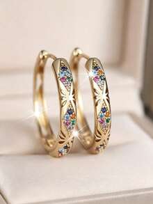 Fashion Copper-Gold Rhodium-Plated With Colorful Zirconia Hollow Ear Ring For Women - Unique Earrings - Multicolor - View 2