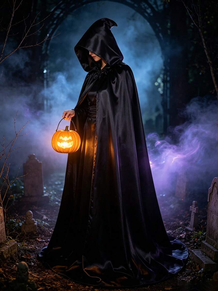Black Hooded Long Cape, Halloween Witch Cosplay Cloak - With Oversized Hood Halloween Ghost Cosplay Costume Cape, Perfect For Stage Performance, Cosplay, Christmas Gift, Perfect Gift For Family - Black - View 1