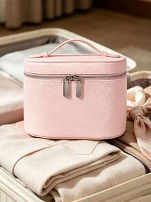 Thick Litchi Grain Wear-Resistant Durable Shaped Not Easily Deformed, Large Capacity Box-Type Storage For Makeup, Skincare And Cosmetics, Horizontal Box-Type Zipper Closure Dust-Proof, Minimalist Premium Commuter Style Makeup Storage Handbag - Pink - View 5
