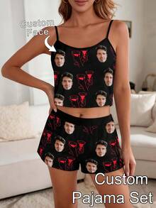 Set Piyama 2 Potong dengan Foto Wajah Kustom, Set Piyama Wanita dengan Cetakan Gelas Anggur Hitam, Set Pakaian Tidur 2 Potong, Atasan Cami dan Celana Pendek. - Hitam - View 11