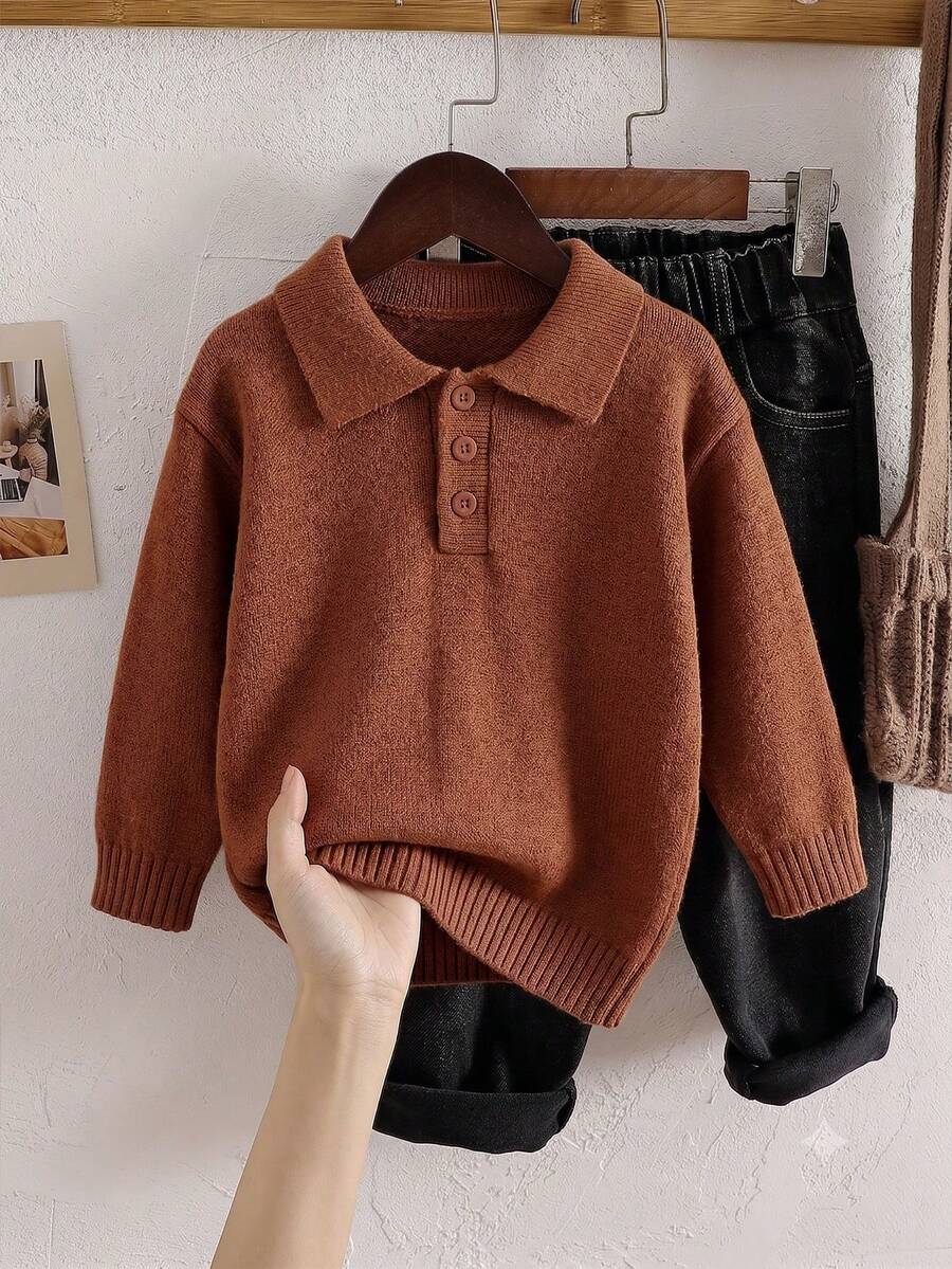 Boys Polo Collar Sweater Autumn Fashion New Brown Versatile Pullover Knitwear - Brown - View 1