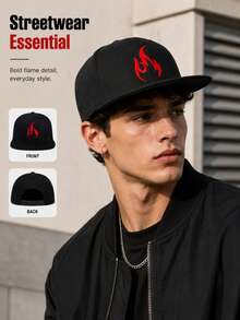 1pc Flame Embroidered Flat Brim Baseball Cap, Hip Hop Adjustable Sun Hat, Street Outdoor Cycling Casual Hat, Unisex - Flame Embroidery Style - View 2
