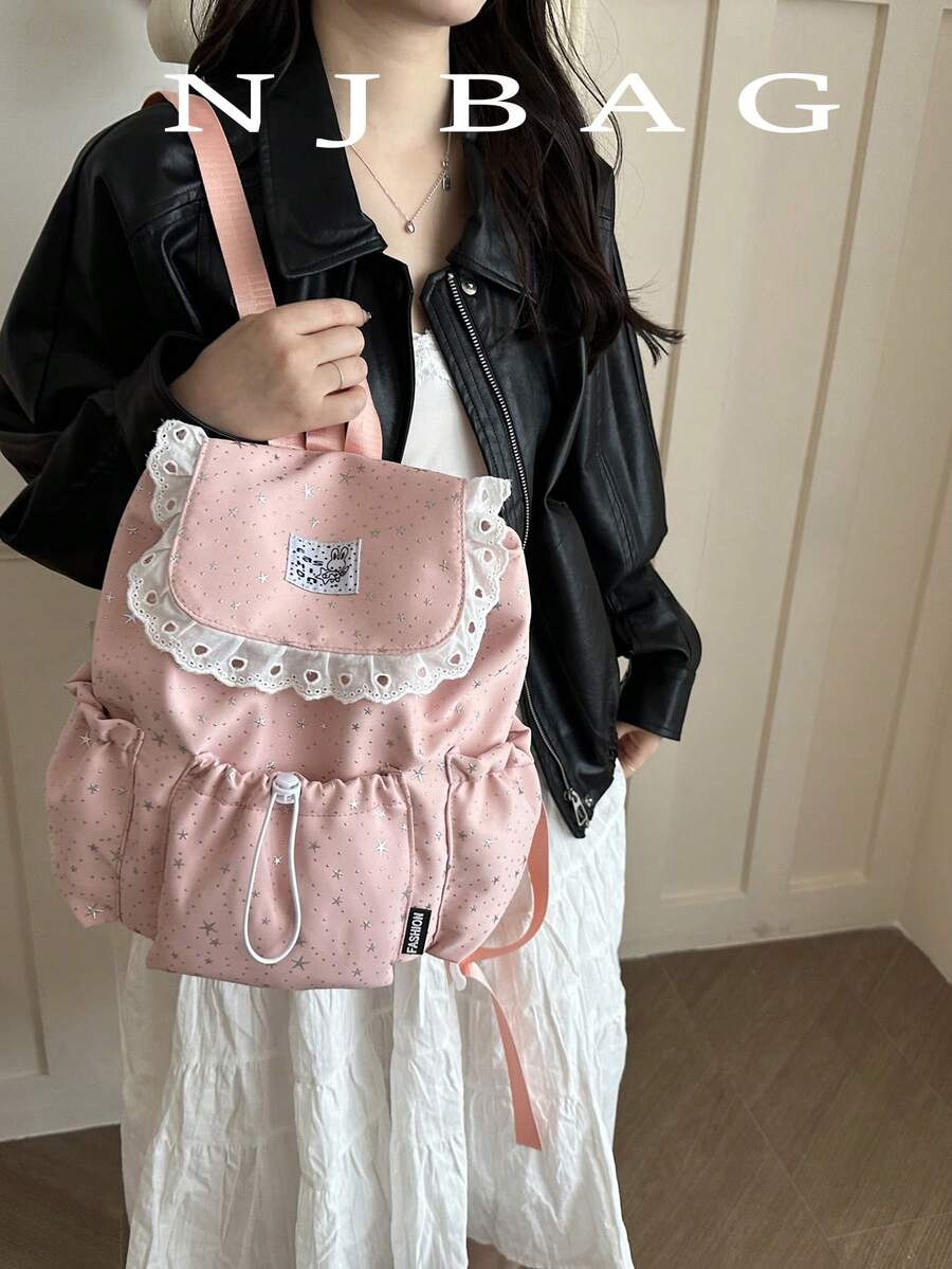 Colorblock Star Decor Backpack, Drawstring Closure Flap Lace Large Capacity, Suitable For Travel, Shopping, Vacation, Japanese Style, Back To School Season - Pink - View 1