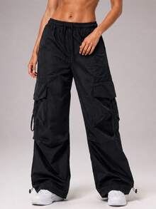 CZRLHYT Women's Solid‑Color Drawstring Cargo Pants With Front‑Tie And Pockets, Simple Casual Style For Outdoor Use, Women's Apparel - Black - View 5