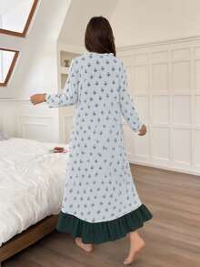 Fresh Floral V-Neck Frill Trim Long Sleeve Nightgown For Women, Contrast Bow Loose Mid-Length Loungewear - Green - View 4