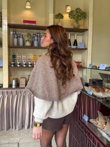 2026 Fall New Women's Round Neck Single-Breasted French Elegant Fashion Knit Poncho Sweater - Khaki - View 3