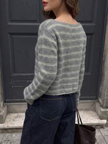 Women's Fall Grey Green Striped Knit Top, Boat Neck Drop Shoulder Ribbed Cropped Long Sleeve Casual Sweater - Multicolor - View 2