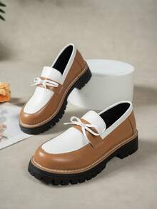 Women's Brown Thick Sole Mid-Heel Slip-On Round Toe Loafers With Bow Decor, Fashion Commuter Casual Shoes - Brown - View 4