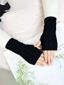 1 Pair Kids' Knitted Cable Half-Finger Gloves, Warm Woolen Fingerless Mitts For Autumn/Winter Cycling And Outdoor Activities - Black - View 1