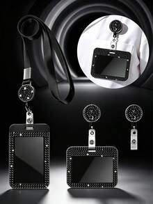 Shiny ID Card Holder With Lanyard, ID Card Storage Box, Anti-Loss Lanyard, Student ID Card Holder, Self-Service Restaurant Card Holder, Sliding Cover, Dual Card Slot, Small Card Slot, Bus Card Holder, Non-Inductive, Bank Card Holder, Subway Card Storage, Adjustable Portable ID Card Holder Decorative Keychain, Suitable For Office Workers And Students, Perfect Gift, Back To School Gift, Couple Card Holder, Bank Card Holder, Travel Essential, Back To School, Commute, Business Trip, Vacation - Multicolor - View 4