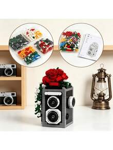 Set Balok Bangunan Kamera Vintage Bermotif Bunga, Model Kamera Balok Bangunan Mini dengan Dekorasi Bunga, Mainan Puzzle Rakit Sendiri, Dekorasi Ornamen Meja Kreatif, Hadiah Buatan Tangan Lucu Cocok untuk Remaja - MultiWarna - View 2