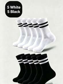 1/5/10 Pairs Black & White Striped Breathable Comfortable Socks, Unisex, Essential For Teens Sports And Back To School - Black and White - View 10