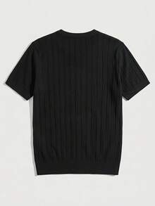 Black 3D Vertical Striped Short Sleeve Knit Sweater For Men, Ribbed Texture Crew Neck Design, Mature Business Casual Basic Top - Black - View 11
