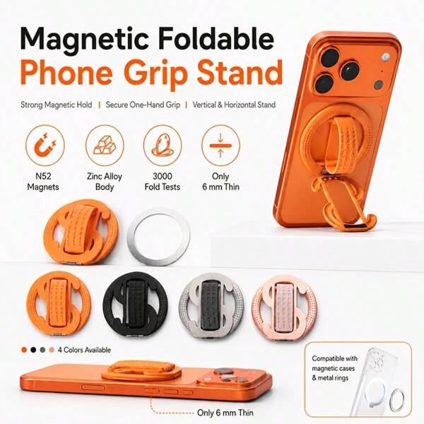 Stand Telefon Magnetik Boleh Lipat, Stand Telefon Logam dengan Cincin Magnetik, Stand Mudah Alih Ultra Nipis dengan Pemegang Tunggal Selamat, Serasi dengan iPhone/Sarung Telefon Magnetik