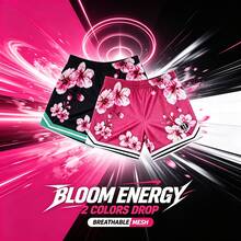 1PC Men Cherry Blossom Floral Print Mesh Athletic Shorts Contrast Striped Hem Elastic Waist Loose Fit Breathable Basketball Street Workout Casual Short Pants With Side Pockets - A - View 3
