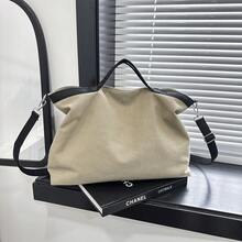Solid Color Large Capacity Canvas Tote Shopping Bag, Multi-Pocket Design, Mother's Day Gift For Mom, Commute Travel Minimalist Fashion Versatile - Khaki - View 3