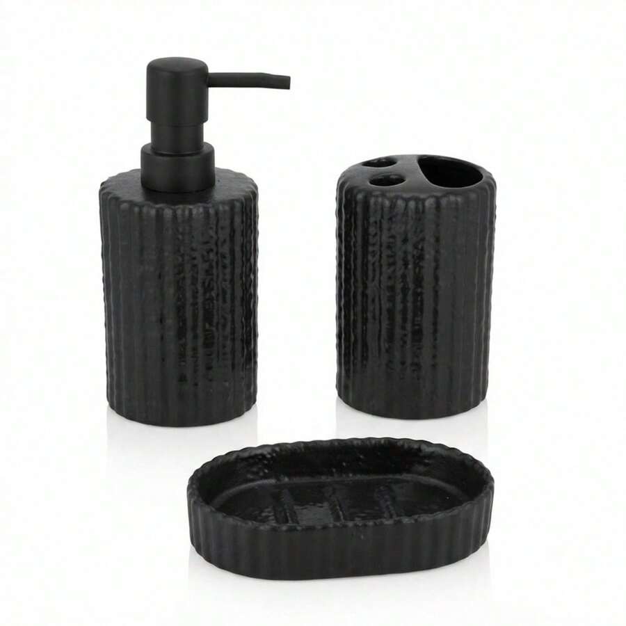 3-Piece Ceramic Bathroom Accessory Set With Soap Dispenser, Toothbrush Holder And Soap Dish, Modern Ribbed Design For Vanity Organization - Black - View 1
