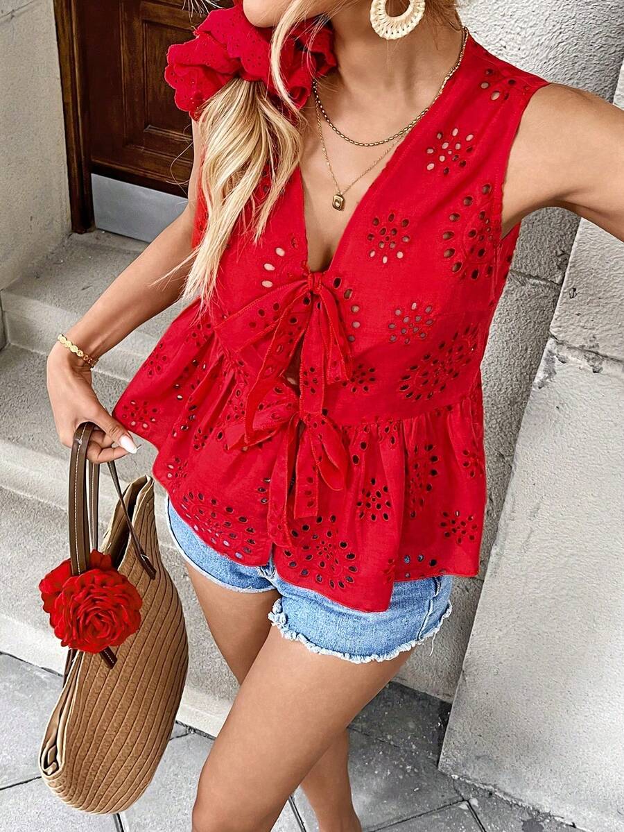 Blusa sin mangas de mujer estilo francés casual con cuello en V, encaje floral calado y lazo en rojo - Rojo - Ver 1