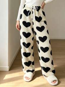 1pc Women's Flannel Heart Print Long Pants, Casual Comfortable Loungewear Pajama Pants - Beige - View 1