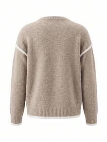 Women's Fashion Ribbed Cuff Long Sleeve Crew Neck Colorblock Sweater - Camel - View 8