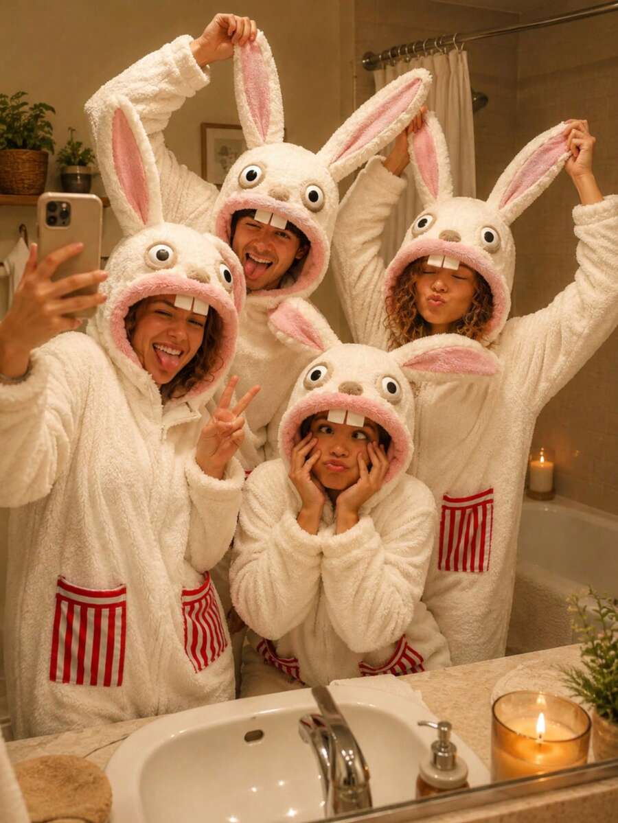 Coral Fleece Rabbit Bathrobe, Fun Abstract Cream Rabbit Costume With Long Ears, Big Mouth, Rabbit Teeth And Striped Pockets, Suitable For Halloween Cosplay, Party, Home, Autumn/Winter Season - Multicolor - View 1