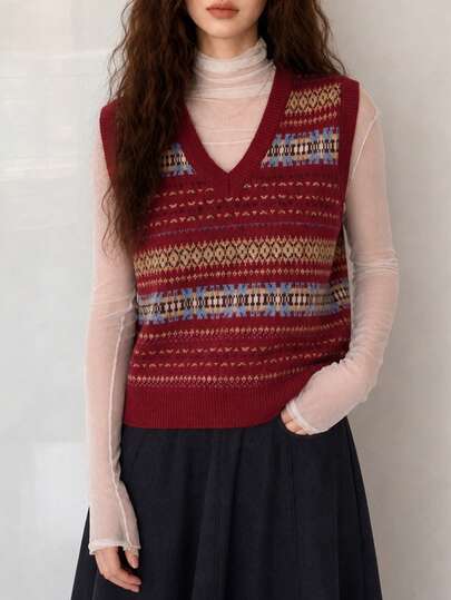 Rompi Sweater Pullover Leher V Motif Vintage Elegan Kasual Musim Gugur/Dingin Wanita Warna Merah