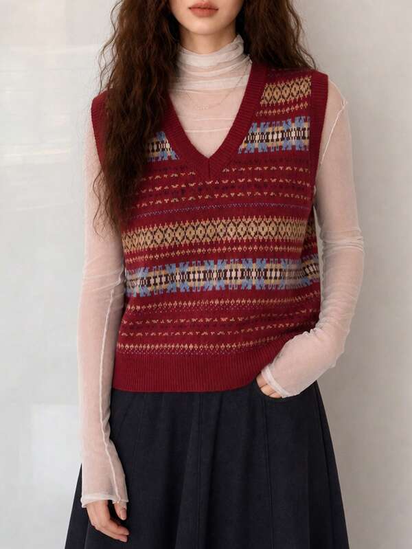 Women's Autumn/Winter Casual Elegant Vintage Pattern V-Neck Pullover Sweater Vest Red Fall