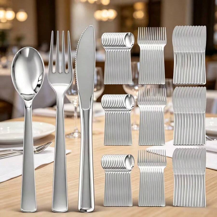 Silver Cutlery Set - Includes Forks, Spoons - Reusable Heavy Duty Western Tableware Set, Suitable For Dining, Parties, Dinners, Weddings - Silver - View 1