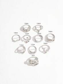 10PCS Punk Style Asymmetrical Textured Silver Rings, Shiny Wrinkled Wide Band Rings, Geometric Asymmetric Lava Stackable Ring Set For Women - Silver - View 6