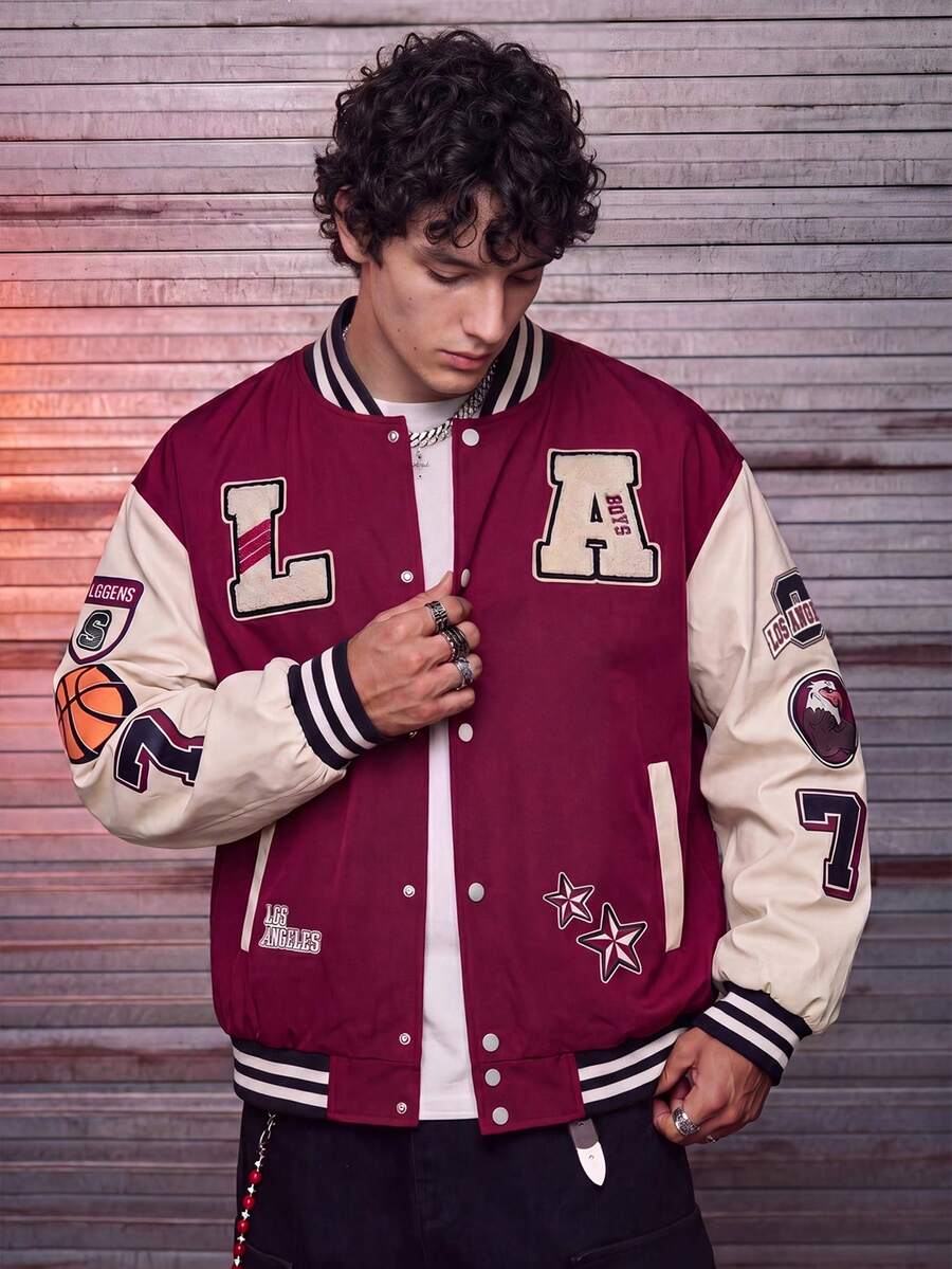 MAISONFOX 男士撞色拼接字母刺繡棒球夾克,秋季休閒畢業返校校隊夾克 - 玫紅色 - 查看 1