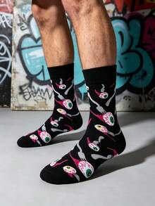 1 Pair Men's Black Bottom Colorful Eyeball All-Over Print Mid-Calf Socks, Dark Fun Socks, Suitable For Spring/Autumn/Daily Wear/Halloween Party - Multicolor - View 6