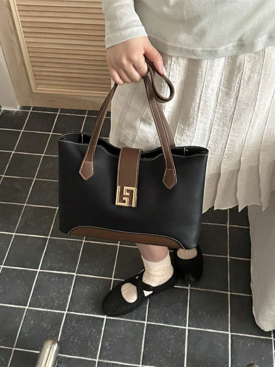 時尚拼色 PU 布料極簡百搭女款托特包 大容量 精緻五金配件 適合派對、宴會與通勤 - 黑色 - 查看 1