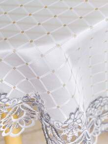1pc Lace Tablecloth, Light Luxury White Plaid Polyester Fabric Fog Blue Water-Soluble Lace Embroidered Hollow Lace Square Tablecloth Suitable For Bedroom, Living Room, Bedside Cabinet, Square Table And More - Dusty Blue - View 4