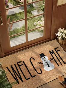 1pc, Winter Christmas Minimalist Smiling Snowman Welcome Pattern Door Mat, Holiday Style Machine Washable Polyester Fiber Mat, Suitable For Indoor, Party, Daily Decoration, All Seasons - Yellow - View 1