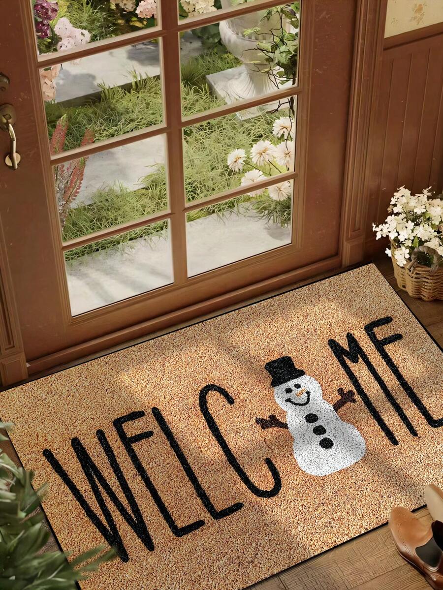 1pc, Winter Christmas Minimalist Smiling Snowman Welcome Pattern Door Mat, Holiday Style Machine Washable Polyester Fiber Mat, Suitable For Indoor, Party, Daily Decoration, All Seasons - Yellow - View 1