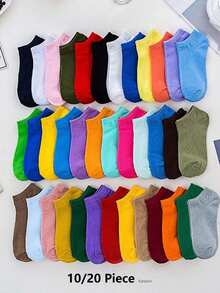 10/20 Pairs Women's Spring/Summer Minimalist Candy Color Short Socks, Elastic Comfortable Solid Color Socks, Soft Multi-Functional. Suitable For Daily Wear, 1 Pair, 10/20piece - Multicolor - View 11
