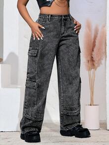 Grey Plus Size Straight Leg Wide Leg Cargo Jeans Women Solid Color Denim Fabric Pockets Plus Size Cargo Jeans Women Daily Holiday All Seasons - Grey - View 2
