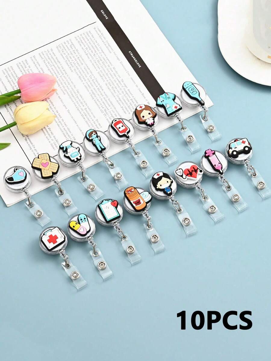 10pcs Retractable Hospital Nurse Badge Reel, Cute Cartoon Keychain Lanyard, Random Style Gifts For Mother, Father, Graduation, And Teacher - Multicolor - View 1