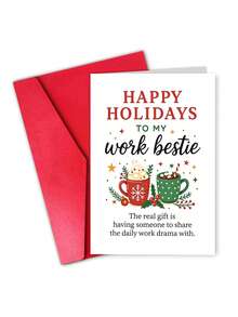 1pc Playful Work Bestie Christmas Card With Envelope, Hot Cocoa Mugs Festive Design, Xmas Holiday Card For Work Bestie & Colleagues, Office Gift Swap Present, Blank Inside - A - View 9