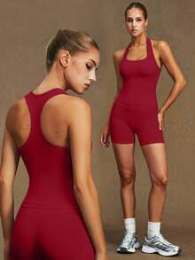VVX Women Halter Neck Yoga Tank Tops Racerback Removable Pads Sexy Backless Workout Gym Top Casual Solid Color Soft For Gym Daily Wear - Red - View 2