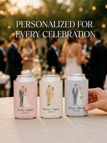Personalized Wedding Can Cooler, Custom Photo Watercolor Portrait Can Sleeve, Regular And Slim Can Drink Holder, Custom Names And Date Wedding Favors For Couples, Receptions And Bridal Parties - Multicolor - View 4