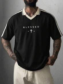 Men's Summer Versatile Fashion Minimalist English Print Contrast Color Crew Neck Short Sleeve T-Shirt - Black - View 3