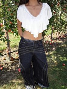 Blusa bohemia de mujer con cuello en V con volantes, manga corta con volantes y corte crop de gasa - Blanco - Ver 10
