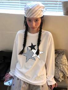Women's Star & Letter Print Crew Neck Long Sleeve T-Shirt, American Casual Lazy Style, Versatile Autumn Base Layer - White - View 3