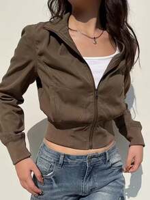 Industrial Style Zipper Jacket For Women With Patch Pockets, Slim Fit, Cinched Waist, Short Jacket - Coffee Brown - View 3