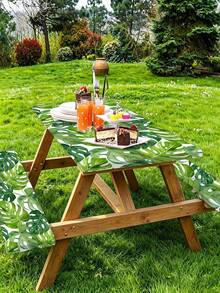 3 Pieces Picnic Tablecloth Set With Bench Cover, Elastic Edge Design, Leaf Pattern With Colorful Floral Accents, Washable Rectangular Tablecloth, Suitable For Weddings, Camping, Picnics, Garden Parties And More, Practical Essential - B - View 2