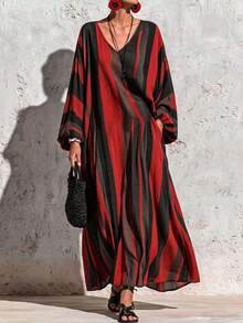 Plus Size Street Style Minimalist Striped Colorblock Long Sleeve Dress - Red - View 1